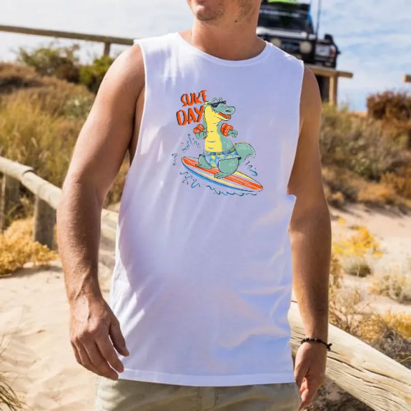 Crocodile Surfing Graphic Print Men's Tank Top-B sold by Shopnova