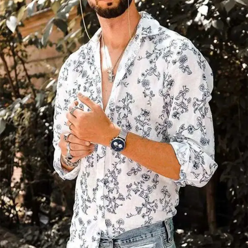 Lapel Digital Printing Casual Long Sleeve Flower Shirt for Men sold by Shopnova