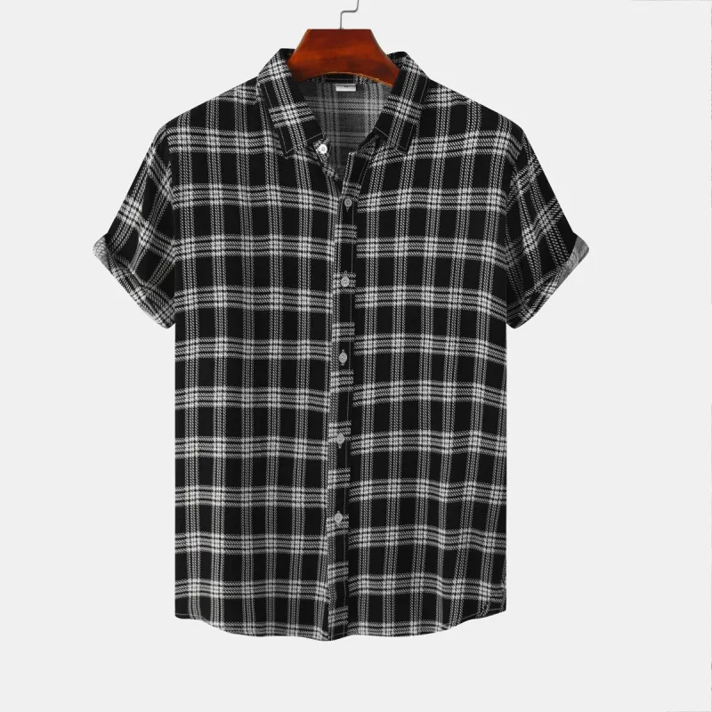Black Fashion Plaid Print Lapel Button Short Sleeve Shirt sold by Shopnova