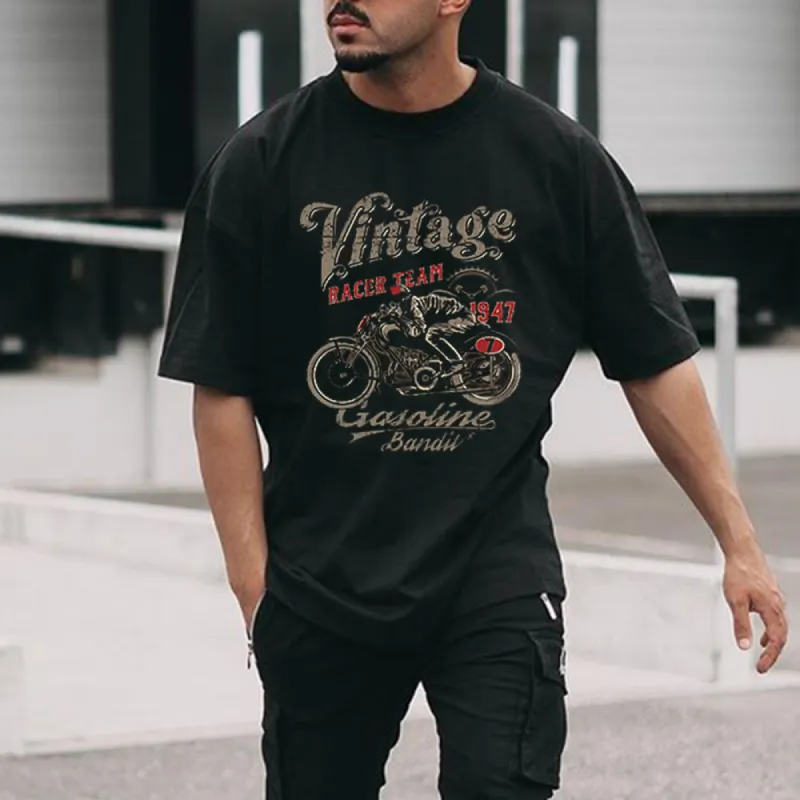 Motorcycle Alphabet Graphic Print Crew Neck Men's T-Shirt sold by Shopnova