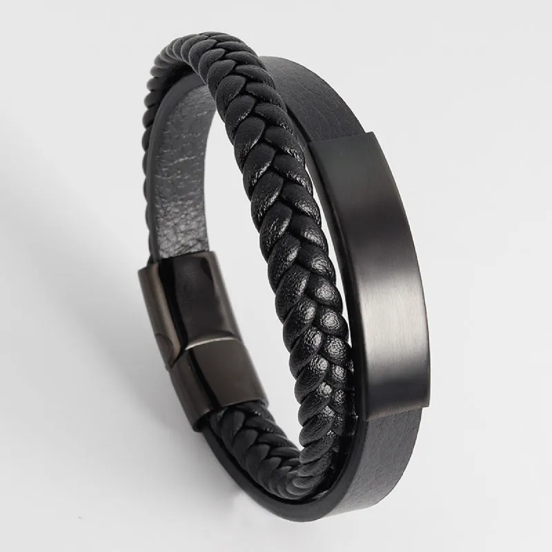 Men's Stainless Steel Woven Bracelet with Black Leather Cord and Leather sold by Shopnova