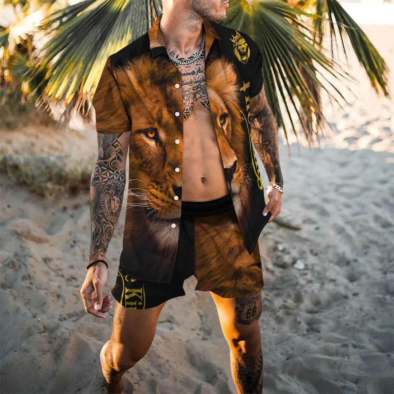 Trendy Street Personality Animal Print Shirt Shorts Hawaiian Vacation Two-Piece Set sold by Shopnova