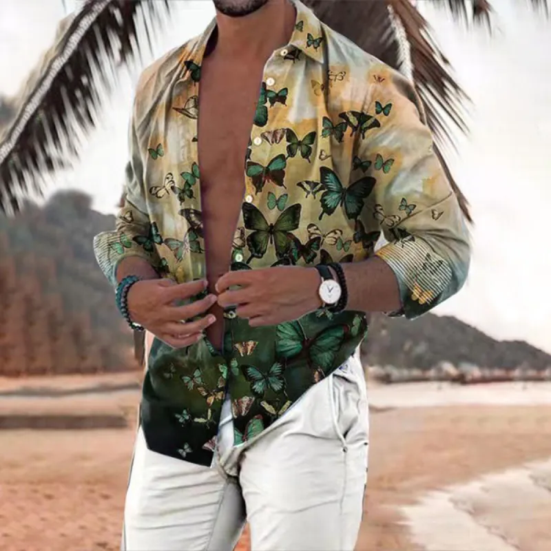 Men's Cotton Butterfly Graphic Print Loose Long Sleeve Casual Shirt sold by Shopnova