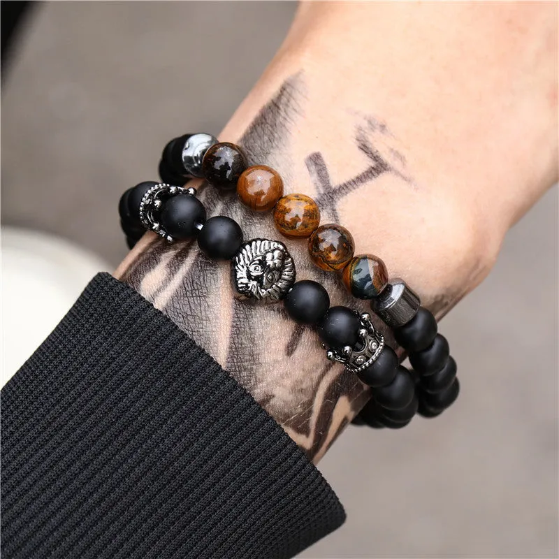 Retro Trend Black Frosted Crown Lion Head Tiger Eye Stone Stretch Set Bracelet sold by Shopnova