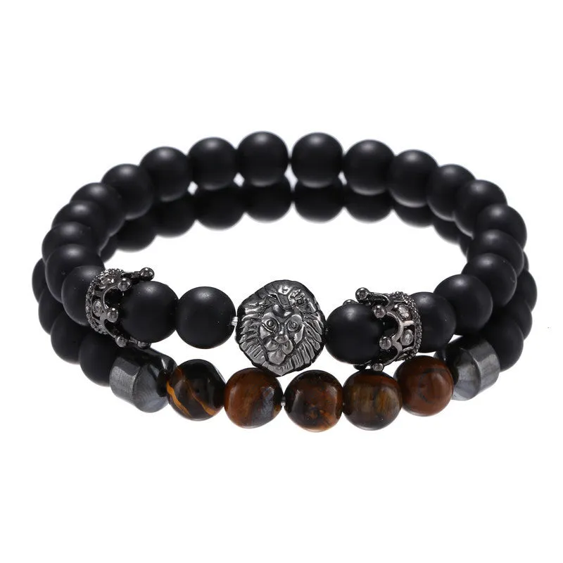 Retro Trend Black Frosted Crown Lion Head Tiger Eye Stone Stretch Set Bracelet sold by Shopnova product image thumbnail 4