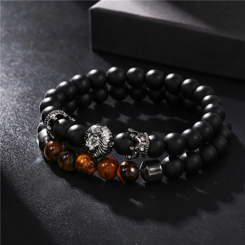 Retro Trend Black Frosted Crown Lion Head Tiger Eye Stone Stretch Set Bracelet sold by Shopnova product image thumbnail 2