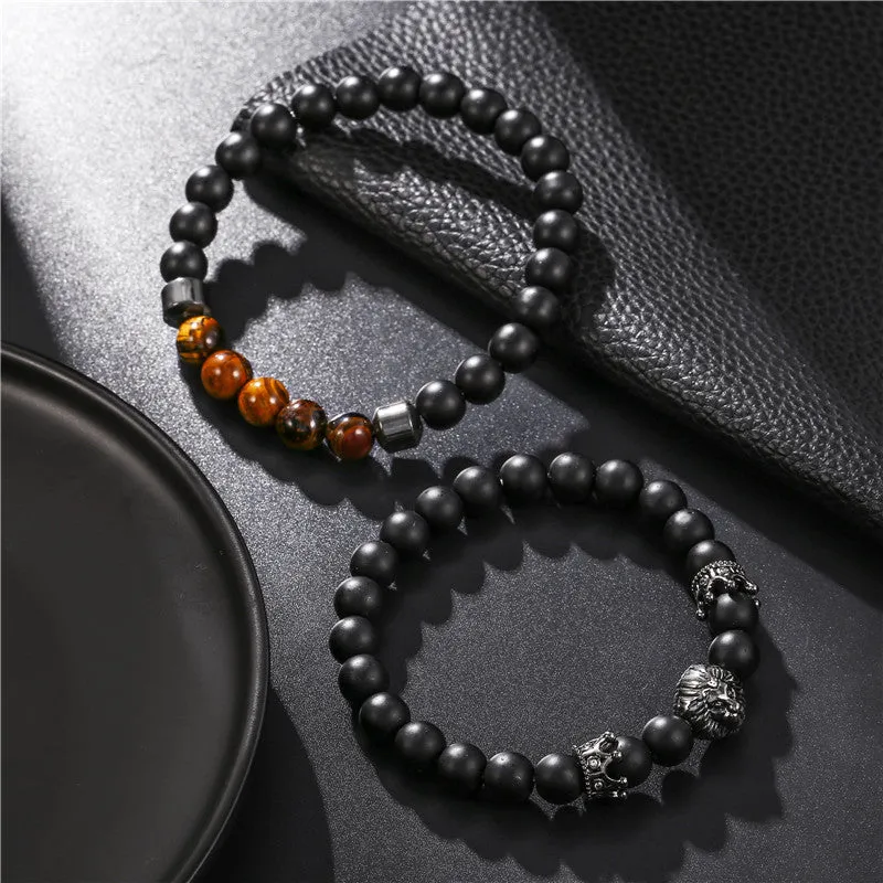 Retro Trend Black Frosted Crown Lion Head Tiger Eye Stone Stretch Set Bracelet sold by Shopnova product image thumbnail 3