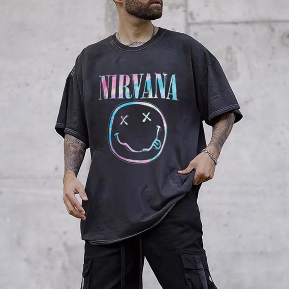 Nirvana Smiley Graphic Print Loose Men's Short Sleeve T-Shirt sold by Shopnova