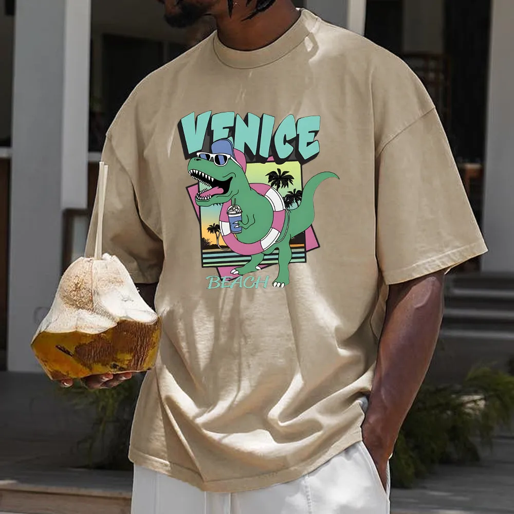 Dinosaur Surfing Graphic Print Men's Cotton T-shirt sold by Shopnova