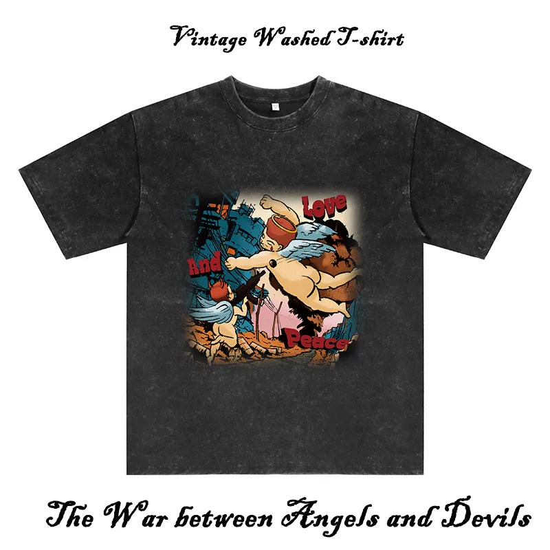 Angel and Devils Print Men's Washed Black Cotton Tee sold by Shopnova product image thumbnail 3