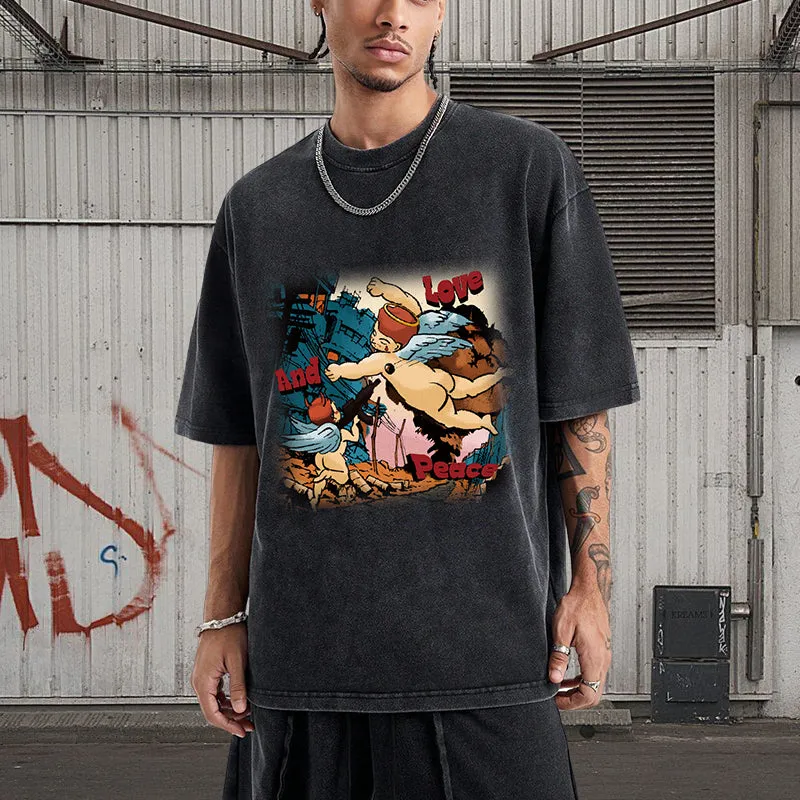 Angel and Devils Print Men's Washed Black Cotton Tee sold by Shopnova