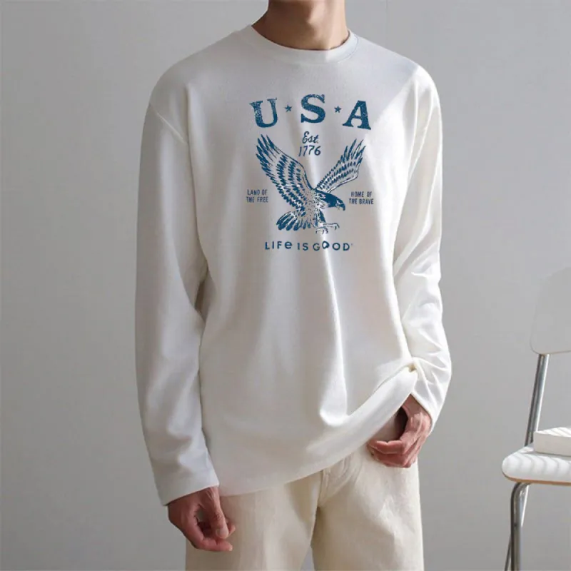 USA Eagle Print Men's Loose Long Sleeve T-Shirts-B sold by Shopnova