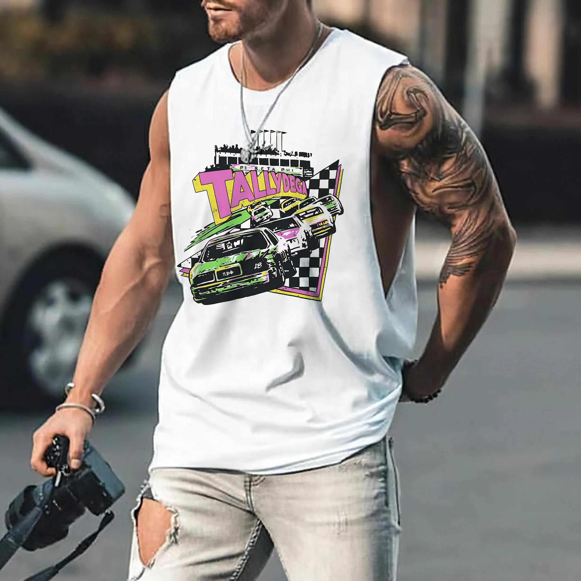 Alphabet Racing Checkerboard Graphic Print Men's Tank Top sold by Shopnova