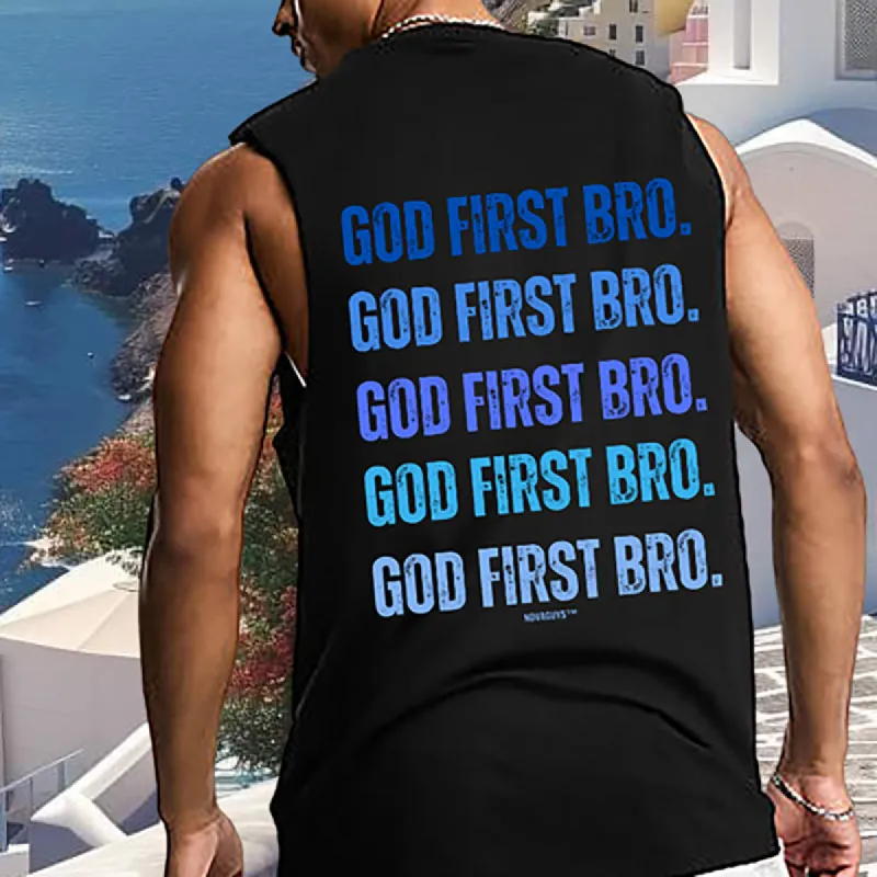 God First Bro. Men's Gradient Blue Letter Print Tank made by Shopnova