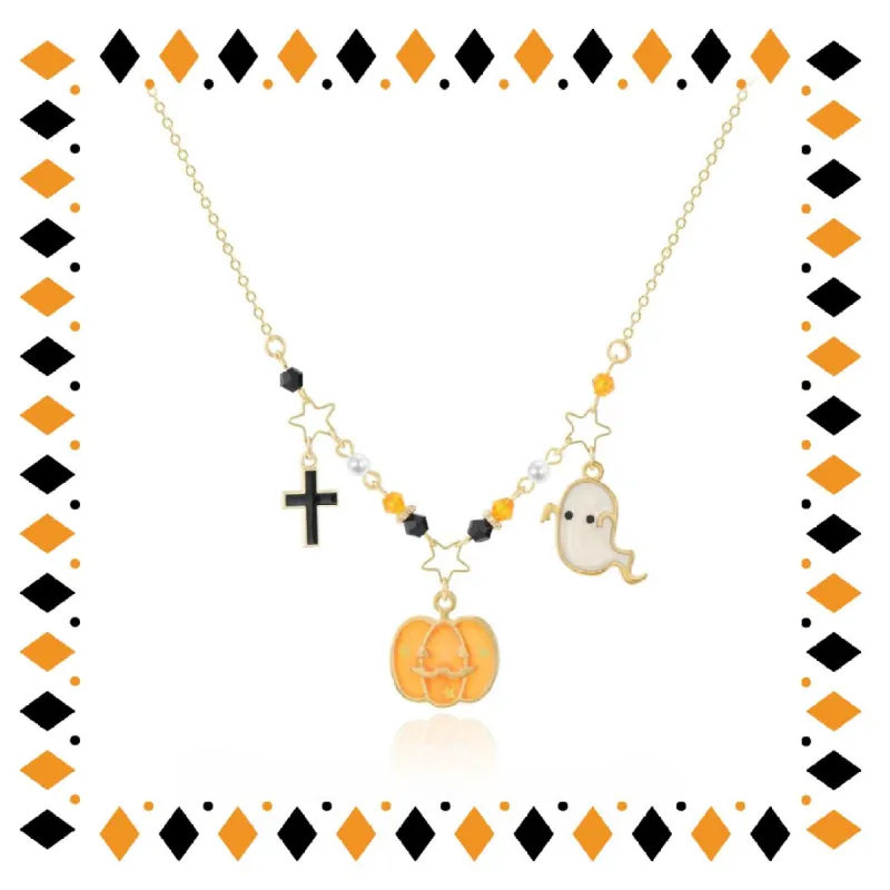 Spooky Halloween Jewelry Pumpkin Cross Ghost Pendant Necklace sold by Shopnova