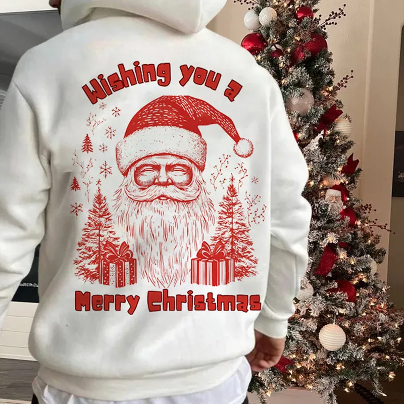 Men's Christmas Santa Print White Fleeced Hoodie sold by Shopnova