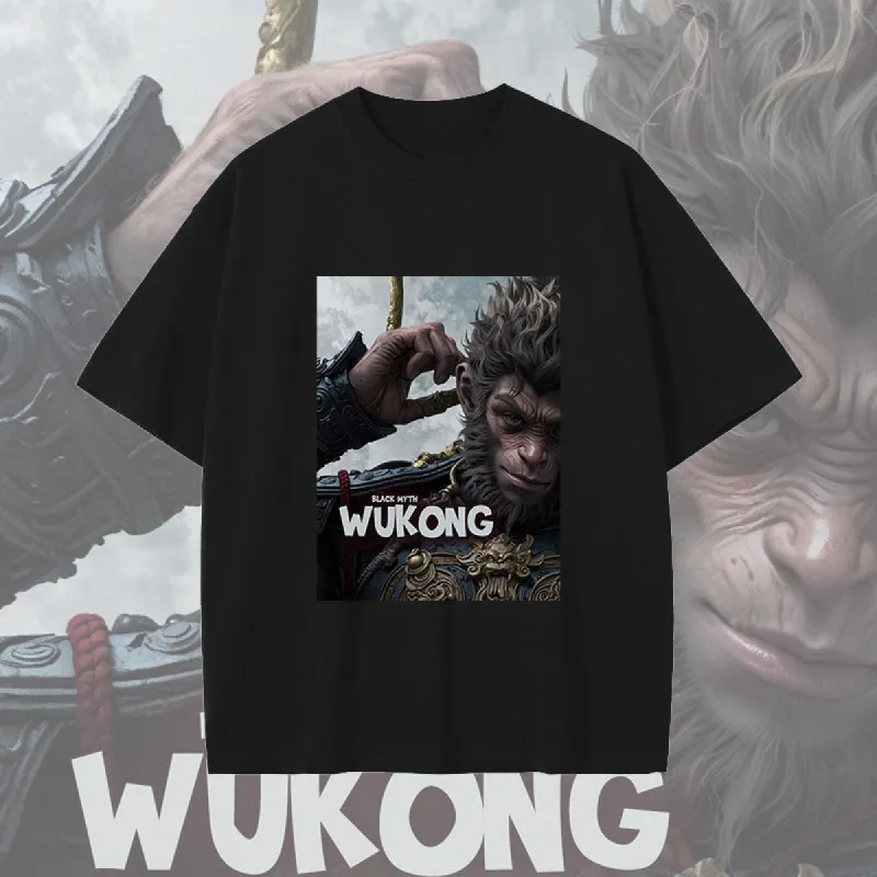 Men's Wukong Print Black Cotton T-shirt made by Shopnova