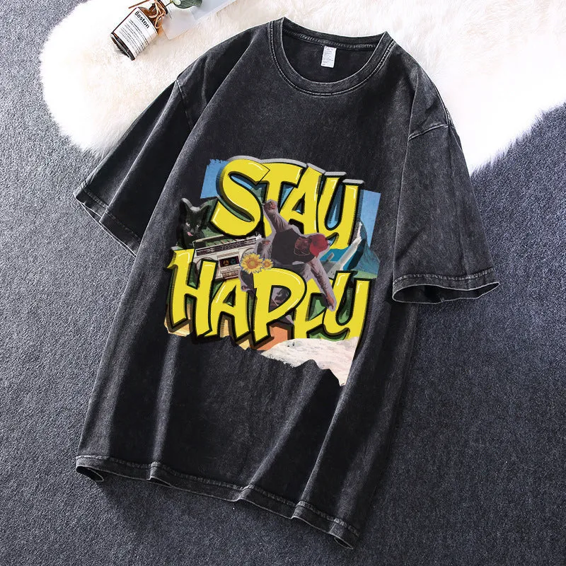 Men's "Stay Happy" Vintage Washed Graphic Tee sold by Shopnova