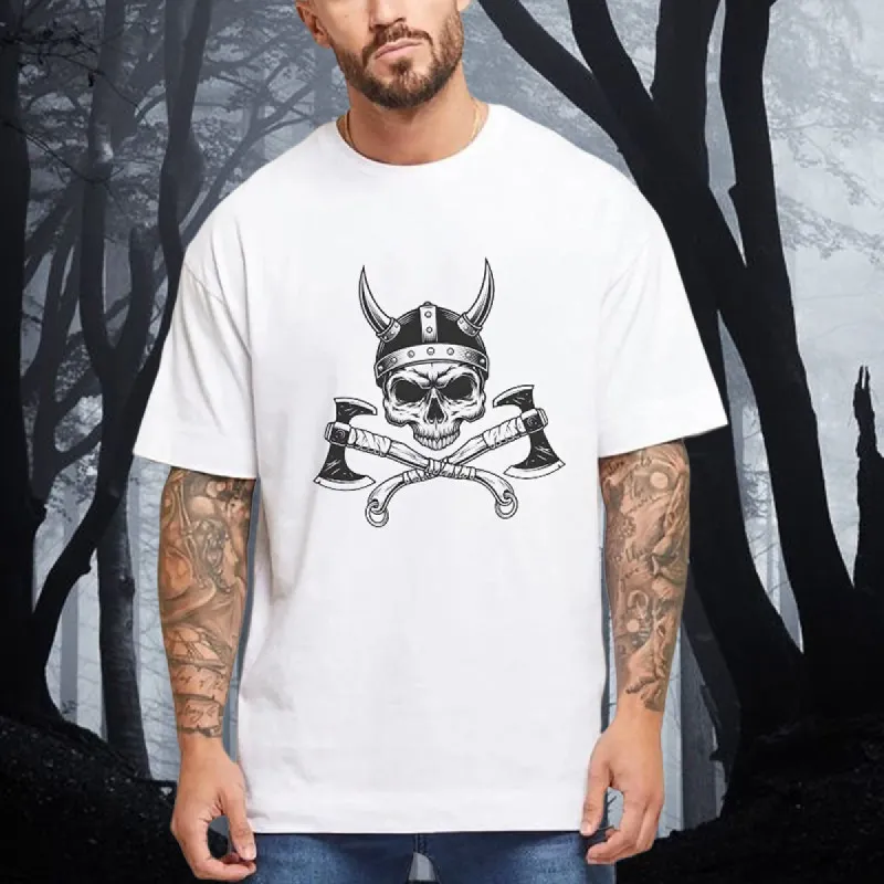Men's Nordic Warrior Skull Helm and Axes Print Tee sold by Shopnova