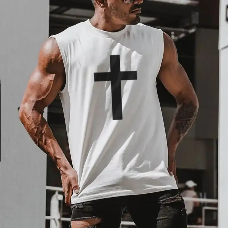 Cross Printed Men's Streetwear Casual Tank Top sold by Shopnova