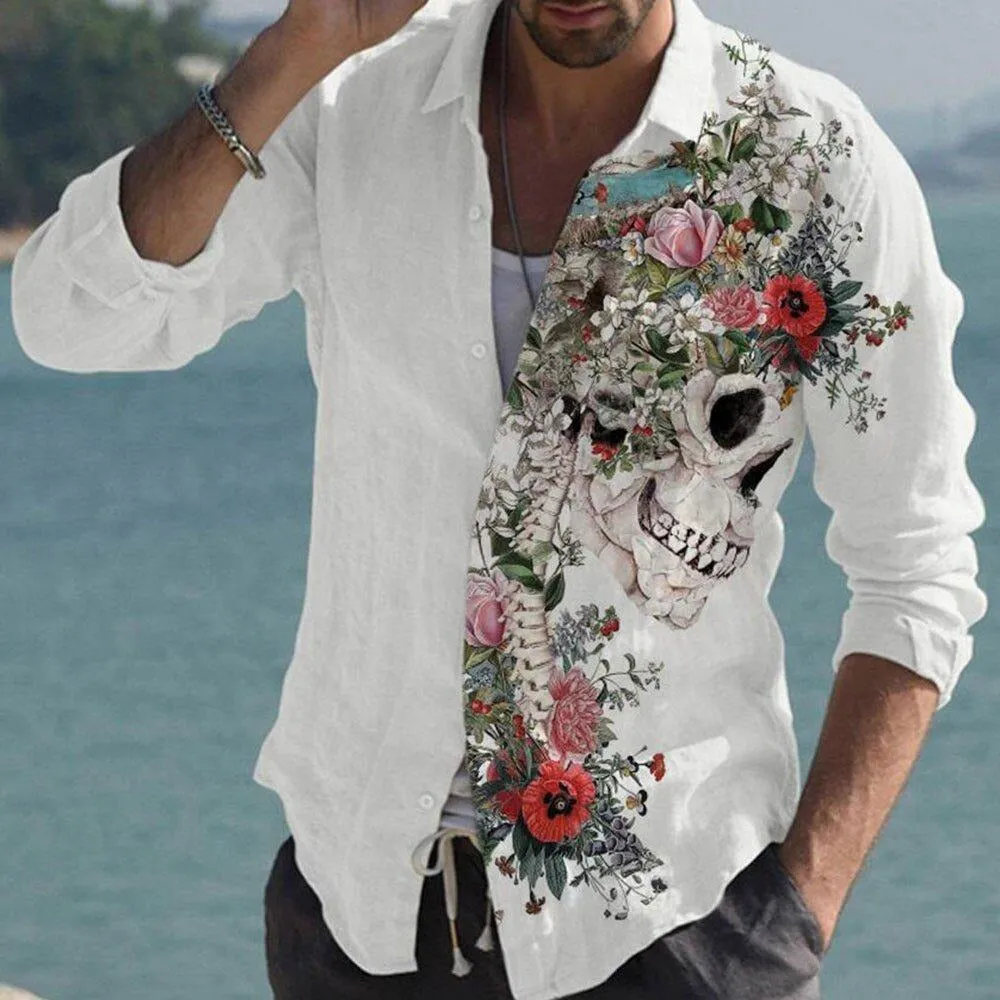 Clearance-Skull Flower Print Long Sleeve Shirt-2XL sold by Shopnova product image thumbnail 3