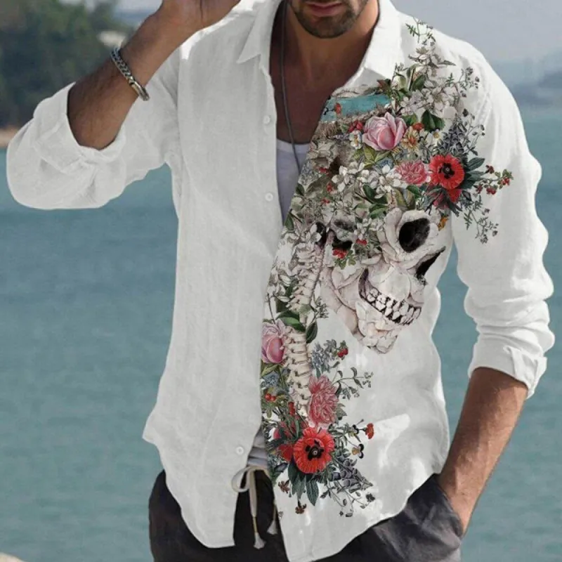 Clearance-Skull Flower Print Long Sleeve Shirt-2XL sold by Shopnova