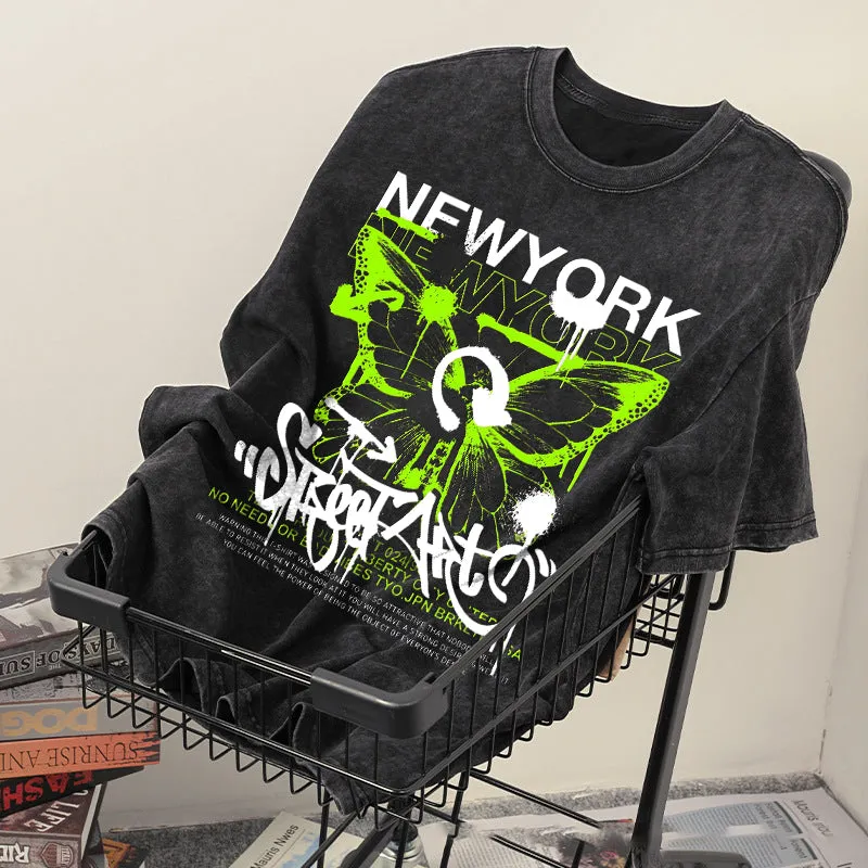 New York Butterfly Print Men's Washed Black Color Tee sold by Shopnova product image thumbnail 2