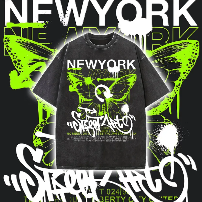 New York Butterfly Print Men's Washed Black Color Tee made by Shopnova
