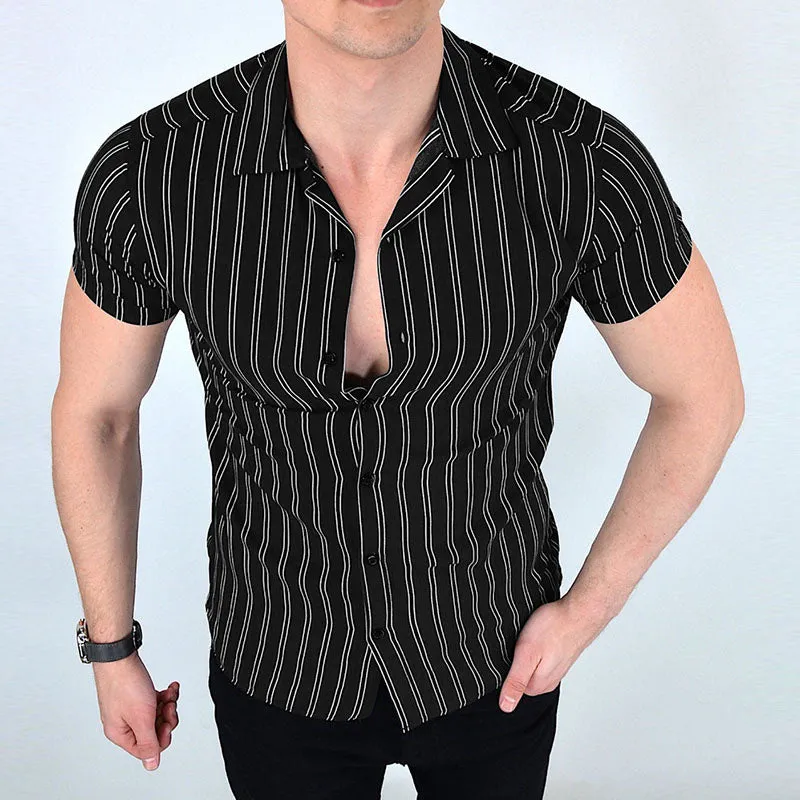 Double Stripe Muscle Casual Short Sleeve Shirt sold by Shopnova
