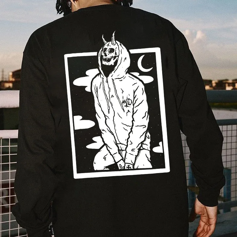 Skull Print Cotton Long Sleeve T-shirt-A sold by Shopnova