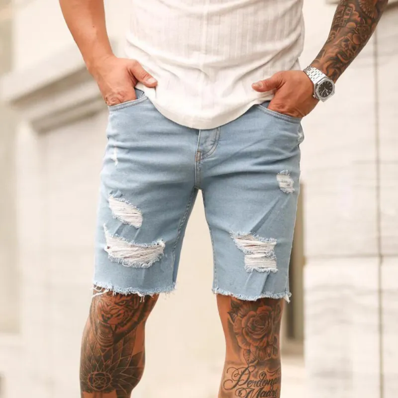 Casual Personality Denim Ripped Shorts Men's Five-point Pants sold by Shopnova