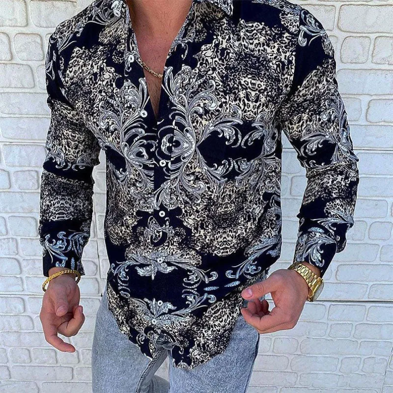 Men Paisley Prrint Lapel Button Long Sleeves Shirt sold by Shopnova