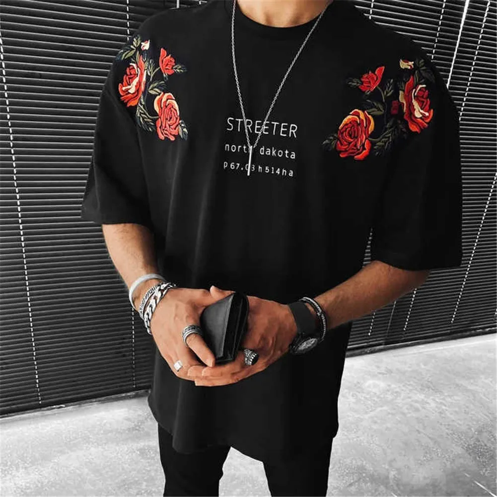 Men Black Floral Print Letter Short Sleeve T-Shirt sold by Shopnova