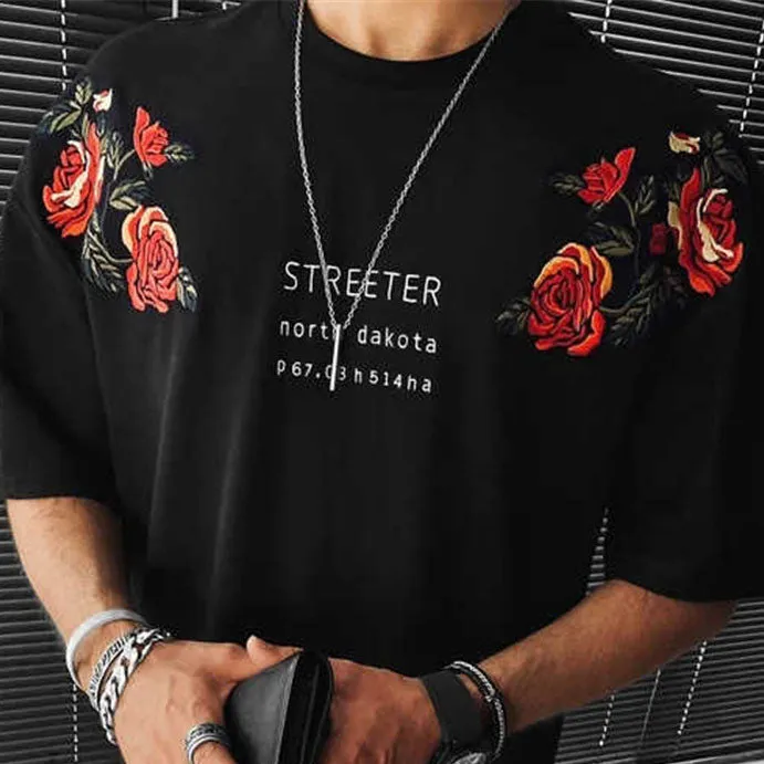 Men Black Floral Print Letter Short Sleeve T-Shirt sold by Shopnova product image thumbnail 3