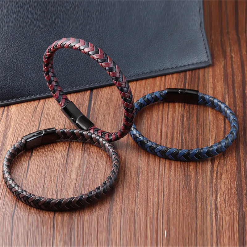 Leather Rope Stainless Steel Men's Braided Bracelet sold by Shopnova