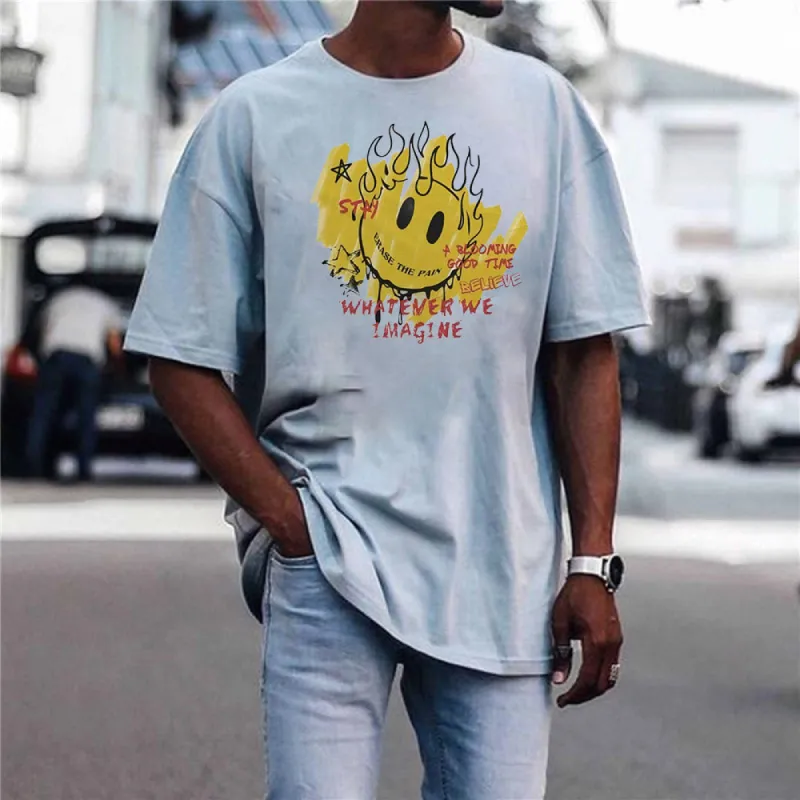 Smiley Graphic Print Casual Loose Men's Short Sleeve T-Shirt sold by Shopnova