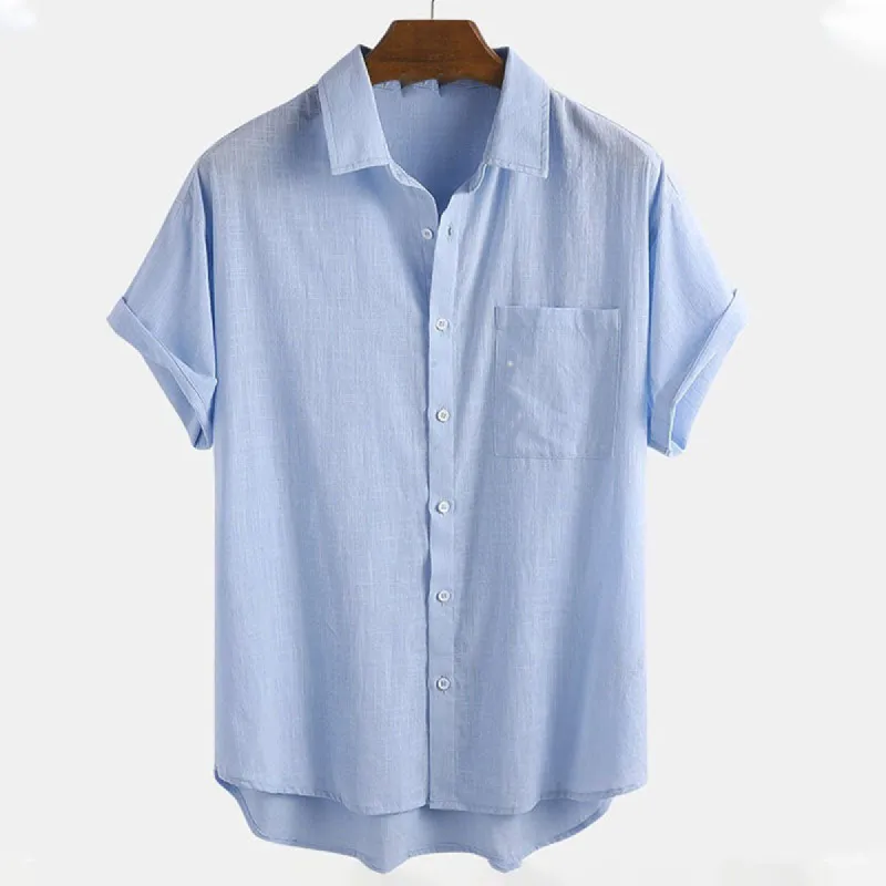 Cotton And Linen Solid Colour Pocket Button Down Shirt sold by Shopnova