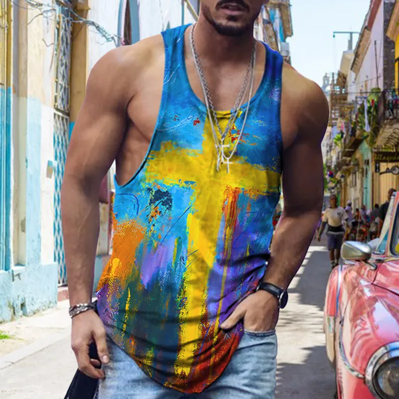 Tie Dye Cross Print Men's Casual Tank Top sold by Shopnova