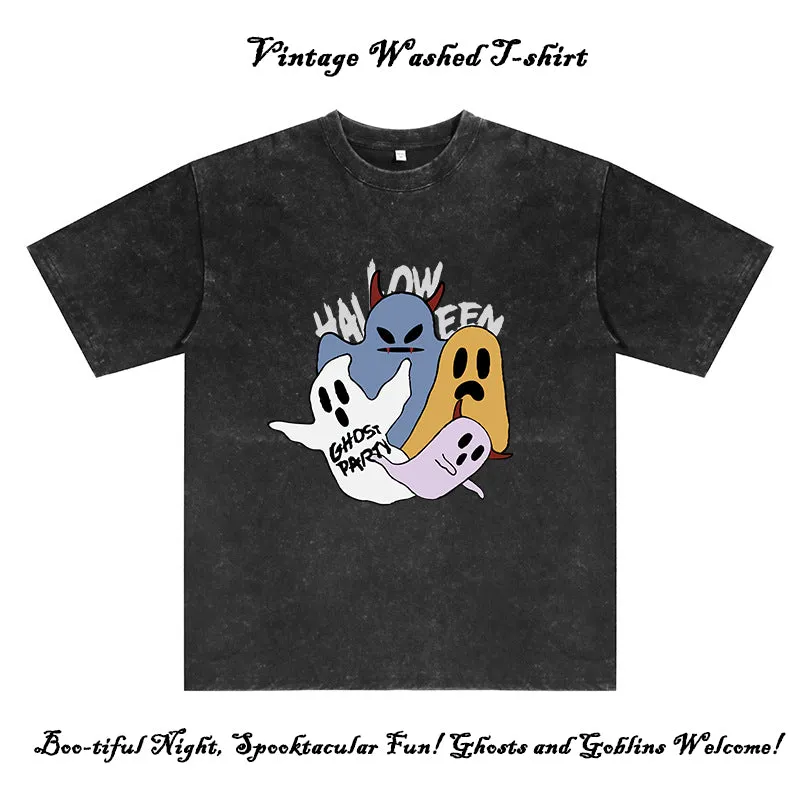 Spooktacular Fun Ghosts Print Men's Washed Black Color Tee sold by Shopnova