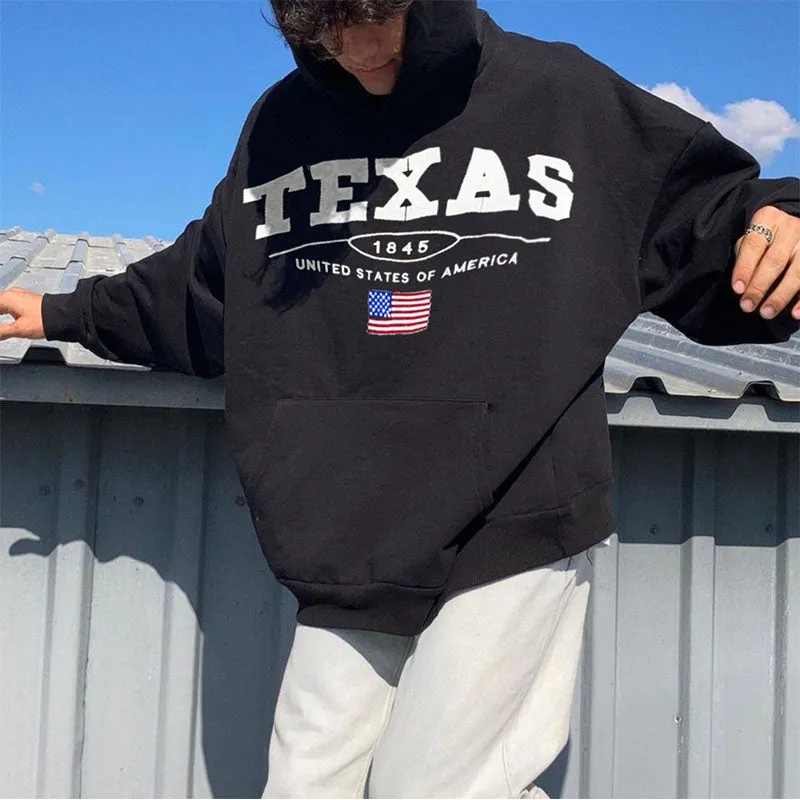 Texas Print Streetwear Men's Fleece Hoodie Black 320g sold by Shopnova