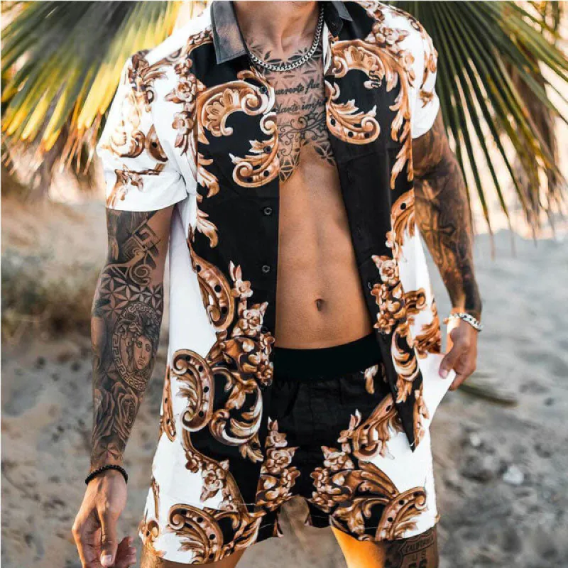 Clearance-Casual Solid Color Printing Two-piece Suit-M,3XL sold by Shopnova