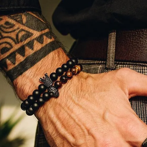 8mm Black Agate Crown Skull Bracelet Set sold by Shopnova