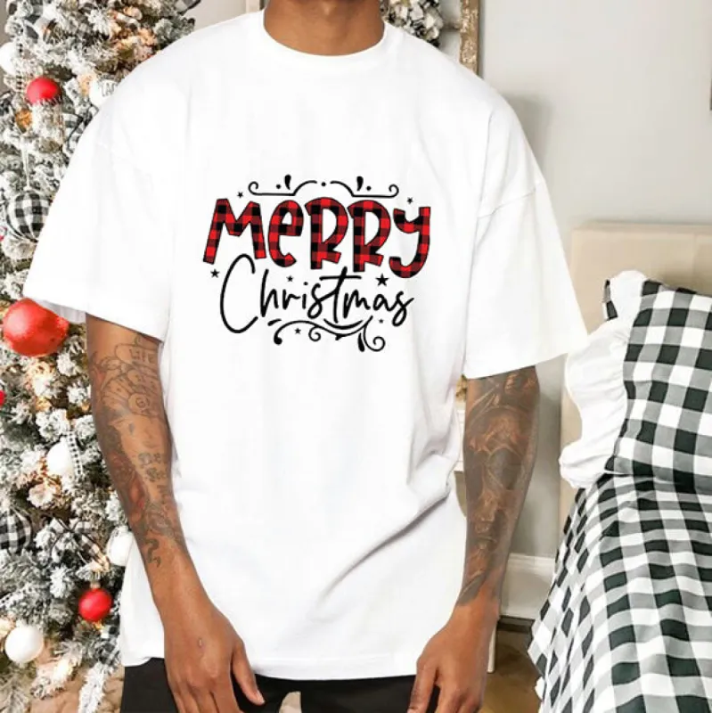 Merry Christmas Letter Print Cotton T-shirt sold by Shopnova