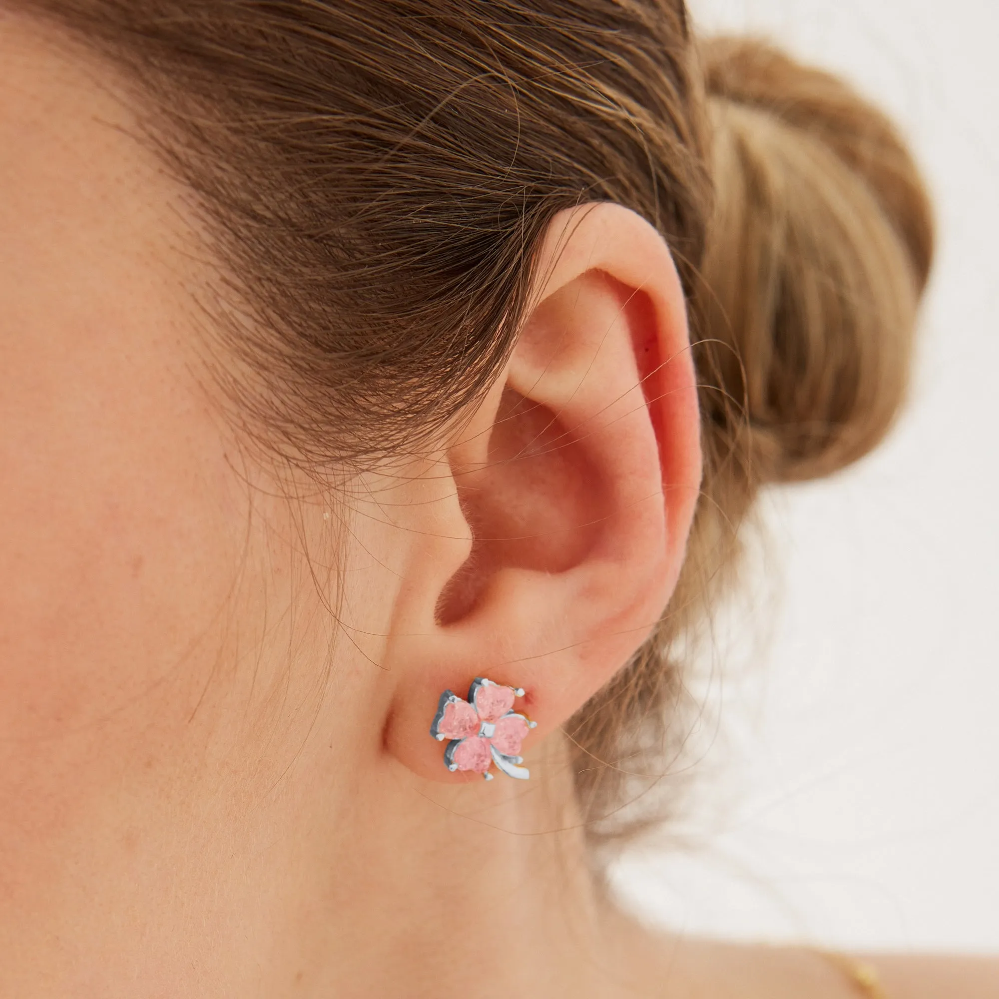 Four Leaves Clover Sterling Silver Stud Earrings - Pink sold by Spero London product image thumbnail 4
