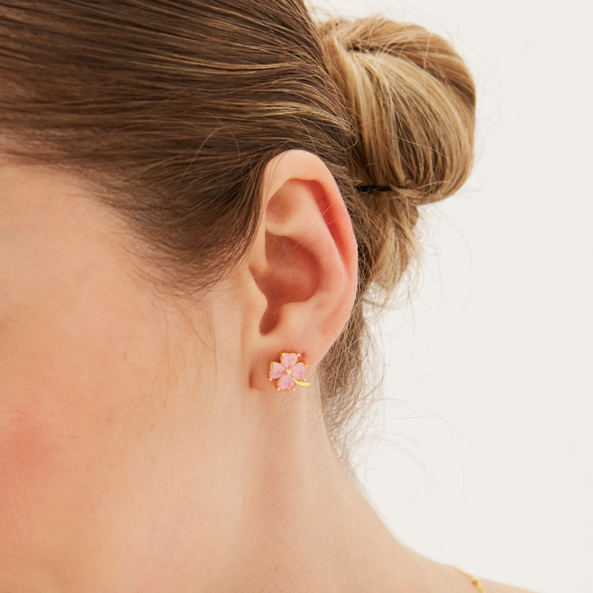 Four Leaves Clover Sterling Silver Stud Earrings - Pink sold by Spero London product image thumbnail 2