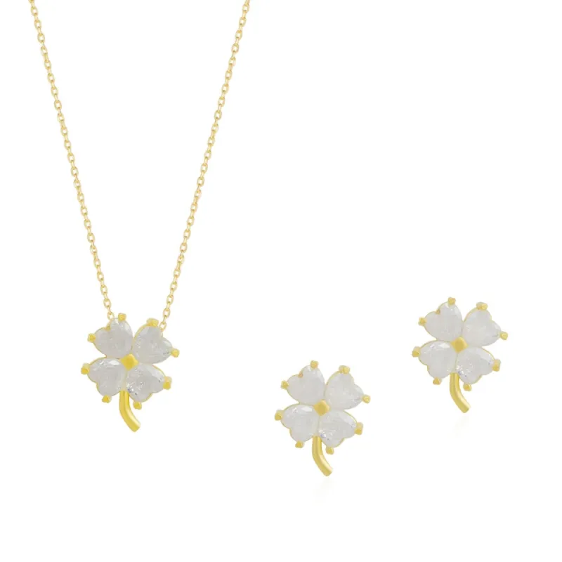 Four Leaf Clover Sterling Silver Necklace and Earring Set - White sold by Spero London
