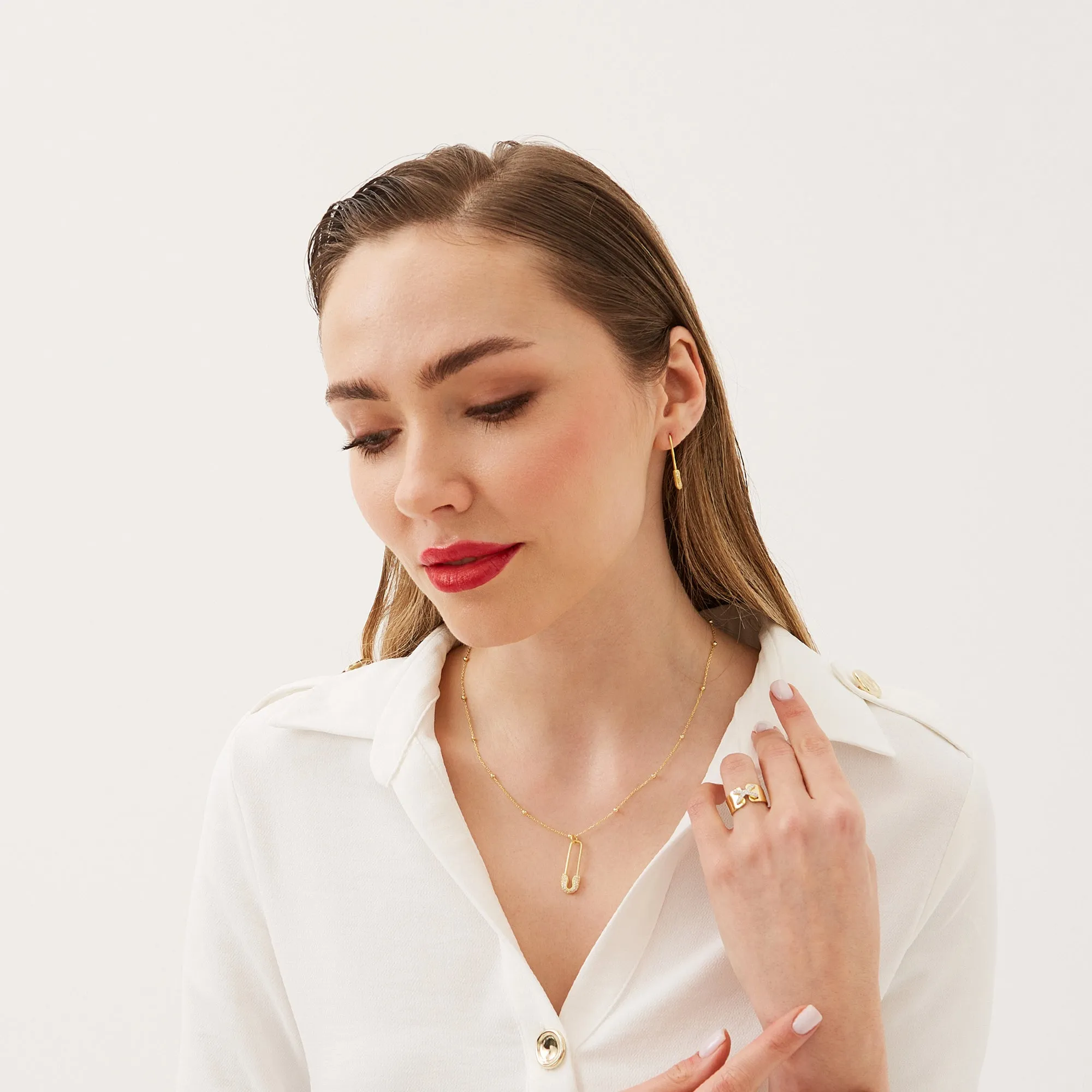 Sterling Silver Jewelled Safety Pin Necklace With Beaded Chain sold by Spero London product image thumbnail 3