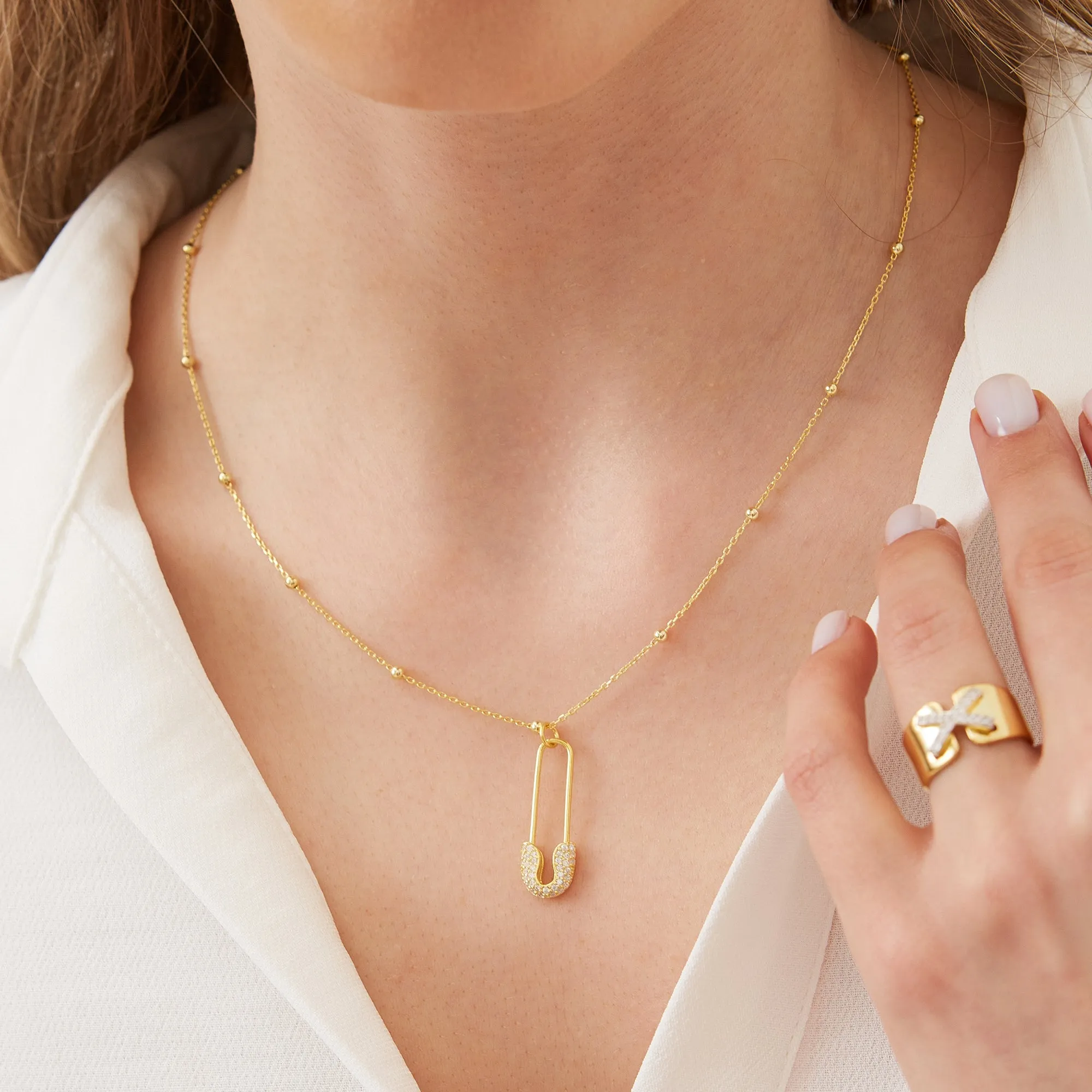 Sterling Silver Jewelled Safety Pin Necklace With Beaded Chain sold by Spero London product image thumbnail 2