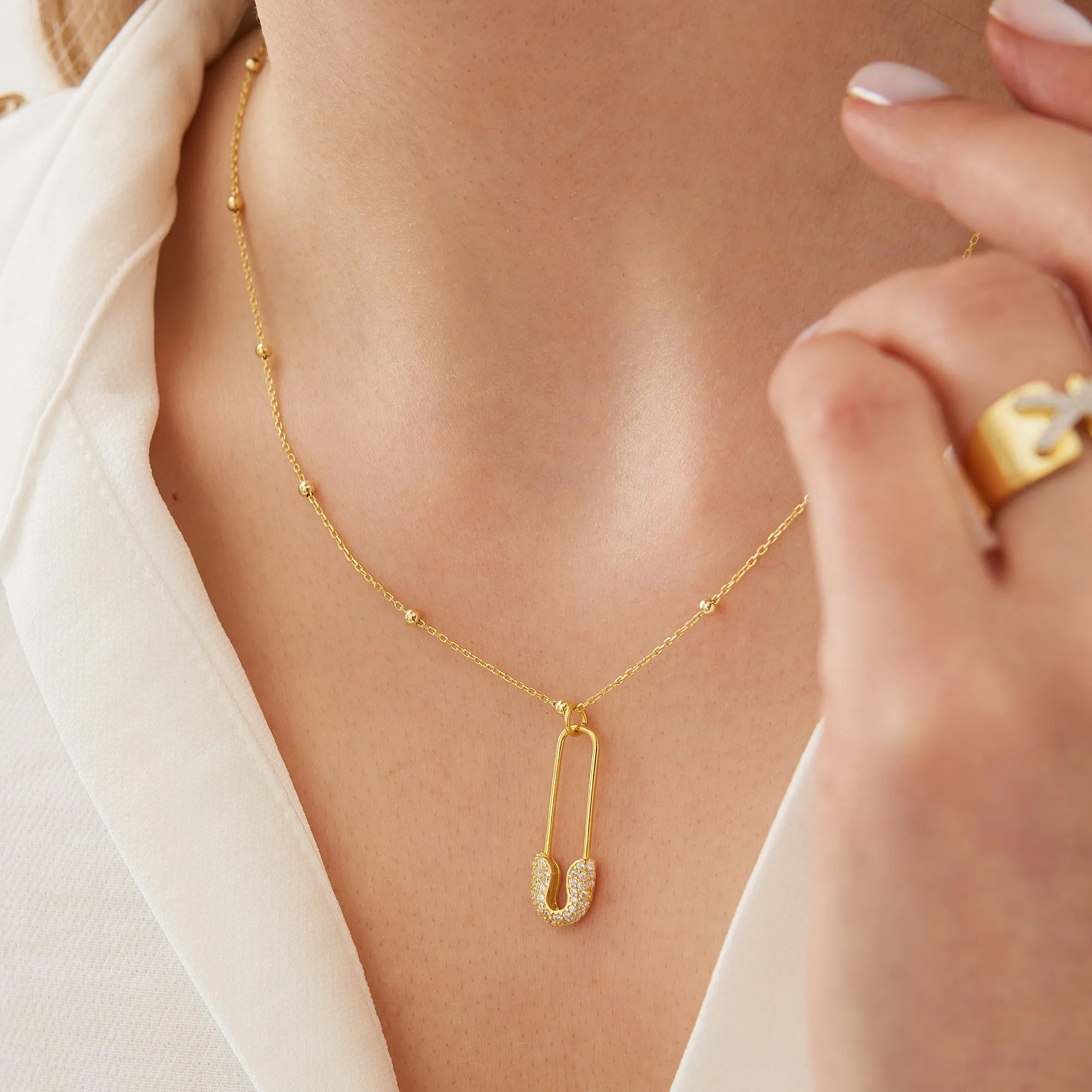 Sterling Silver Jewelled Safety Pin Necklace With Beaded Chain sold by Spero London product image thumbnail 4