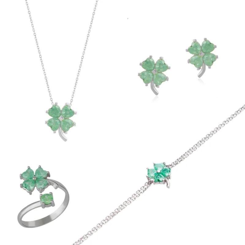 Best of Luck Four Leaves Clover Sterling Silver Bracelet Necklace Ring and Stud Earrings Full Set sold by Spero London